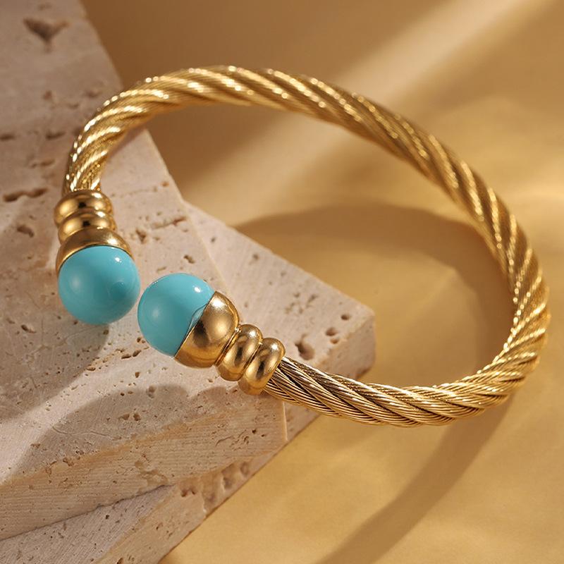 Pearl Steel Wire Opening Titanium Steel  Simple Design European and American Blue Pearl  K Gold Electroplating 