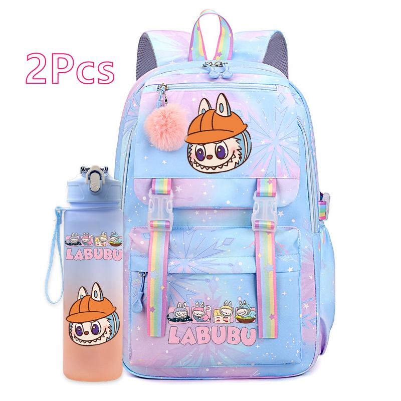 2Pcs/set Cute Printed Backpack with 750Ml Outdoor Sports Water Bottle Student Girl Boy Schoolbag Large Capacity Travel Bag Gift
