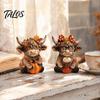Country Home Ornament 2PCS Highland Cow Ornament, Wooden Rustic Style Figurine, Thanksgiving Figurines Theme Wood Art, for Entrance Living Room Decor