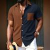 Men's Casual Color Block Short Sleeve Shirt Waffle Textured Patchwork Button Down Tops for Summer