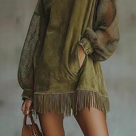 Amazon Independent Station Cross-border New European and American Crew Neck Mesh Sleeve Long Sleeve Tassel Dress Women