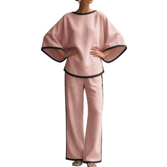 Color Block Cotton Linen Sets for 2 Piece Women M розовый