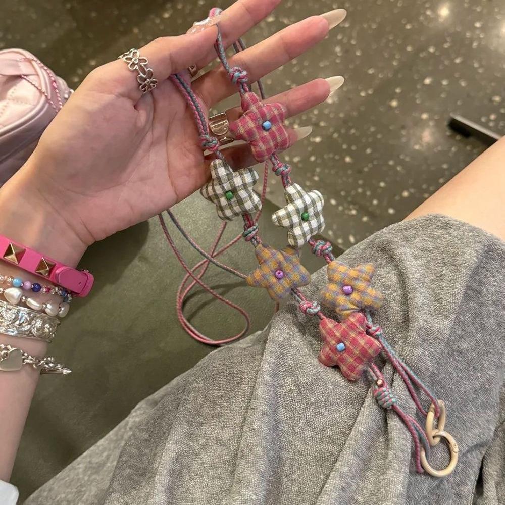 

Korean Cute Lattice Star Lanyard Crossbody Rope Phone Chain For iPhone Key Accessrioe Strap Gift Girl Hanging Decor Keyring Cord Plastic