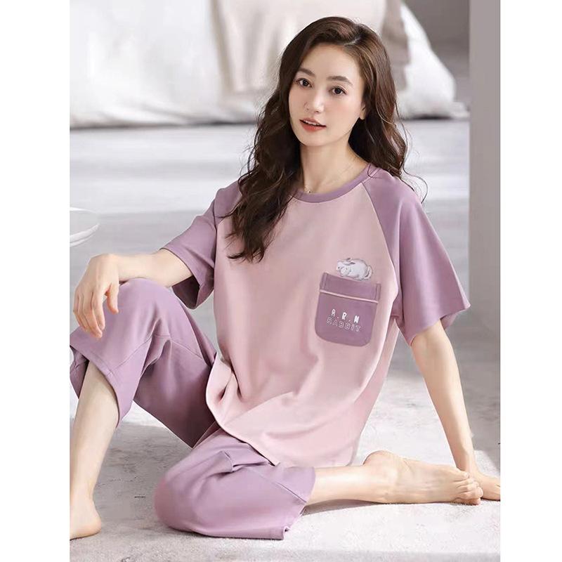 Pajamas Women's Summer, New Spring and Summer Short-sleeved Cute Loose Cropped Pants Loungewear Two-piece Set Summer