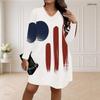 Women Plus Size V Neck Long Sleeve American Flag Printed Loose Curved Hem Dress