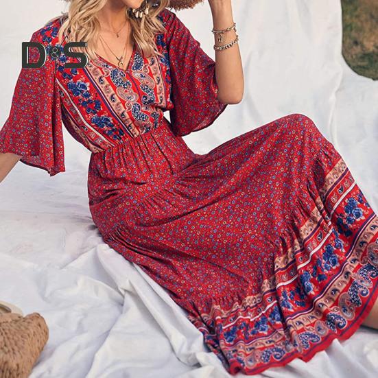 Dámské šaty Etnický bohémský styl Potisk Výstřih do V Krátké rukávy Pružný pas Skládaný Patchwork Maxi šaty A-line Letní dovolená Plážové šaty