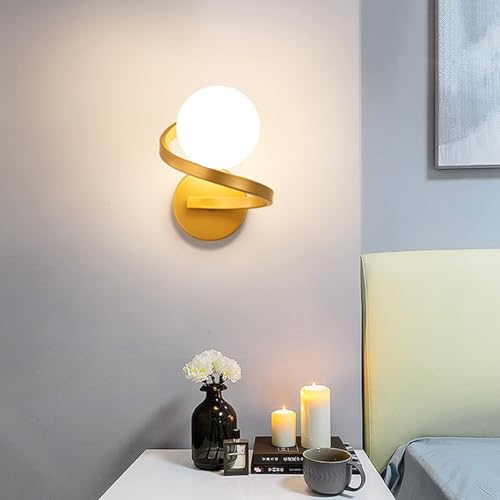 KAWELL Lighting Bracket Light, Wall-Mounted, Indirect, with Milky White Glass Ball Shade, G9 Base, Bedside Lamp, Bedroom, 3-Color Bulb Included (Gold,