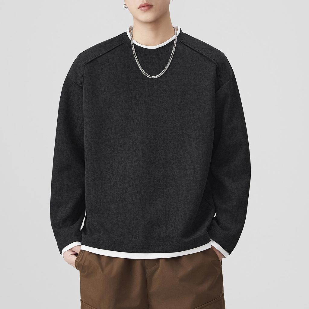 SH&Trend Men's Heavyweight 300g Round Neck Hoodie - Autumn/Winter Patchwork Long Sleeve Pullover