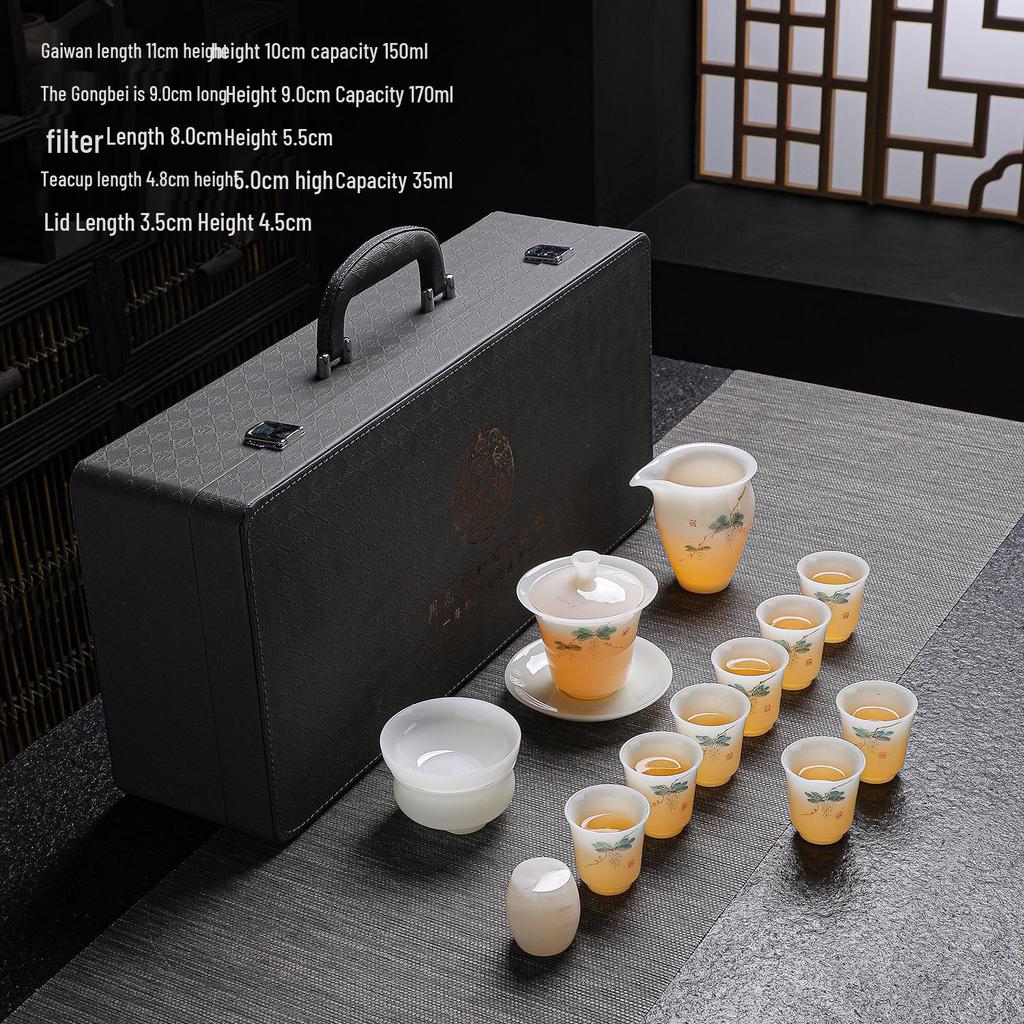 Luxury Hand-painted White Porcelain Jade Tea Set for Home & Commercial Use - High-grade Ice-type Chlorophytum Gongfu Style Gift