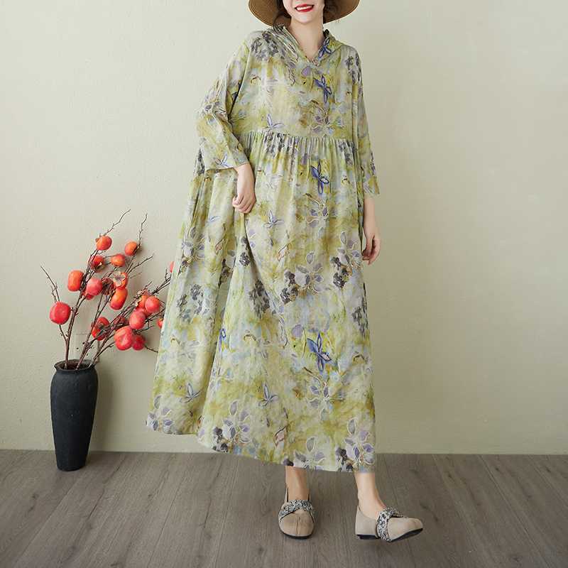 

Retro Niche Gentle Wind Yarn Cotton Linen Printed Dress One size