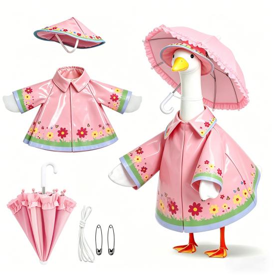 1 Set Porch Goose Outfit Waterproof Goose Raincoat Hat And Umbrella Summer Goose Floral Costume Fits 23 Inch Lawn Goose Statue Outdoor Decor Garden