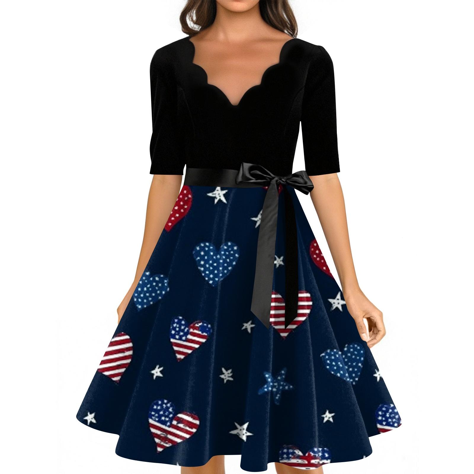 

Women s Casual Fashion V-neck Retro Short-sleeved Dress With Flag Independence Day Print L Темно-синій
