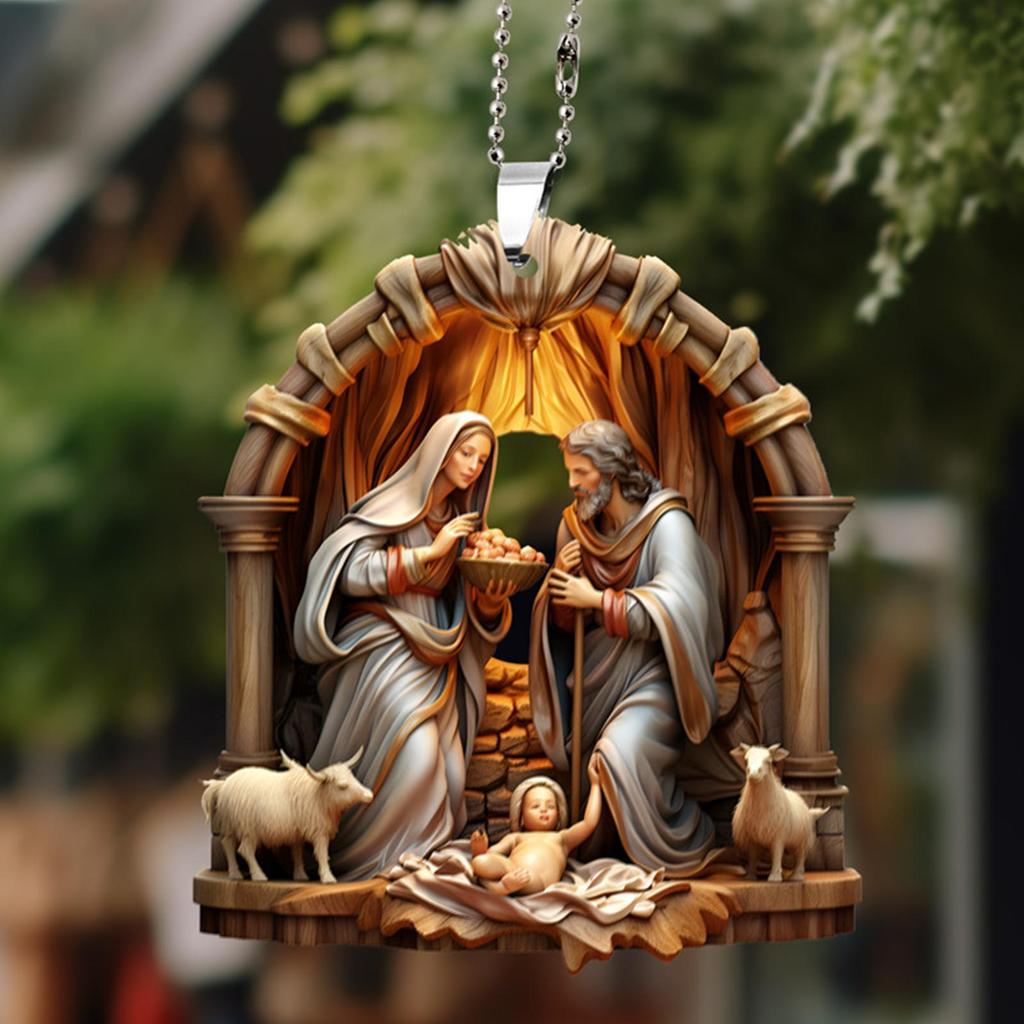 Christmas Tree Jesus Pendant Ornament Family Prayer Scene Pendant Bright Colored Car Decoration Pendant Home Decorations