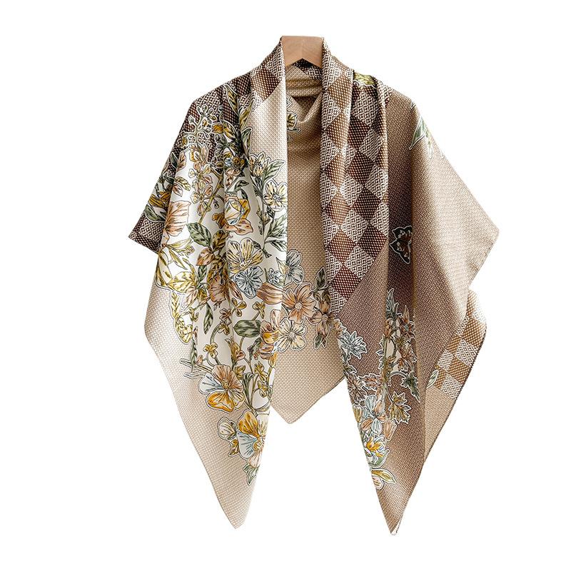 European and American style new flower grid printing silk scarf spring and autumn literary and artistic style atmosphere temperament twill square