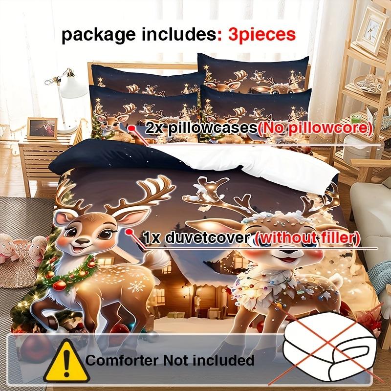 3-teiliges Cartoon Weihnachtsrentier Weihnachtsbaum Bettwäscheset, Winter Weihnachtshirsch Bettbezugset (1 * Bettbezug + 2 * Kissenbezüge