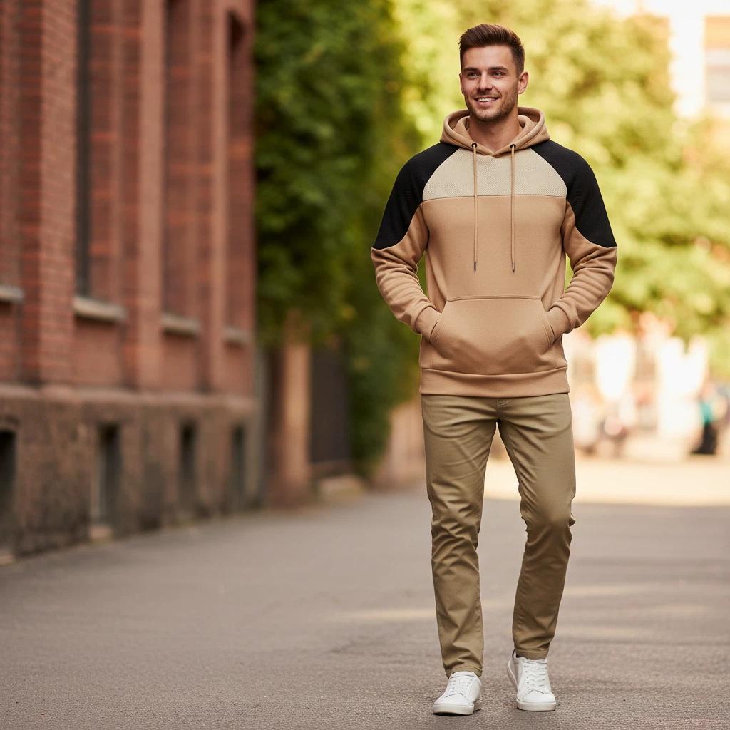 Autumn/Winter New Trend Loose Patchwork Color Block Raglan Sleeve Hooded Sweatshirt Men's Casual Pullover Outerwear