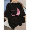 Women's Short-sleeved T-shirt with Pink Moon and "moonlight" Prints Is Artistic and Fashion T Shirts Casual Streetwear T-shirts