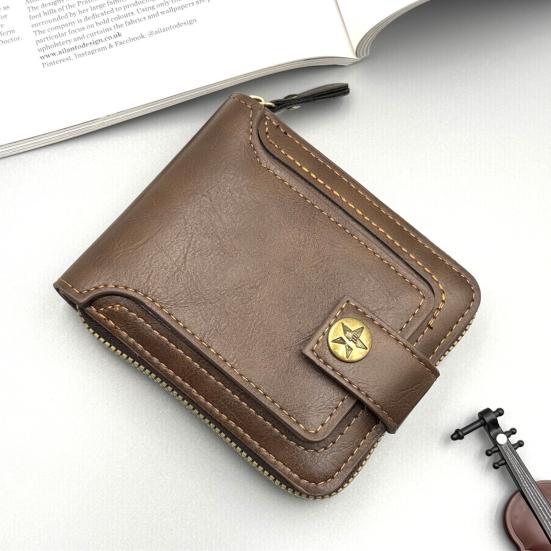 Men Faux Leather Wallet Large Capacity Wallet with ID Window Zipper Button Vintage Front Pocket Anti-Theft Multi-Slots Credit Card Holder
