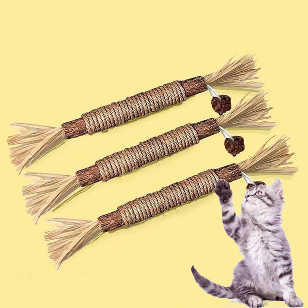Natural Silvervine Dental Sticks with Hemp Rope Natural Wood Cat Chew Sticks Interactive Stress Release Bite Rope Toy for Cats