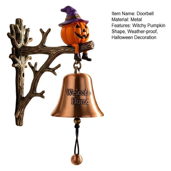 Halloween Witchy Pumpkin Welcome Bell Spooky Cartoon Witch Hat Pumpkin Metal Door Bell Home Office Entrance Wall Decorative Bell