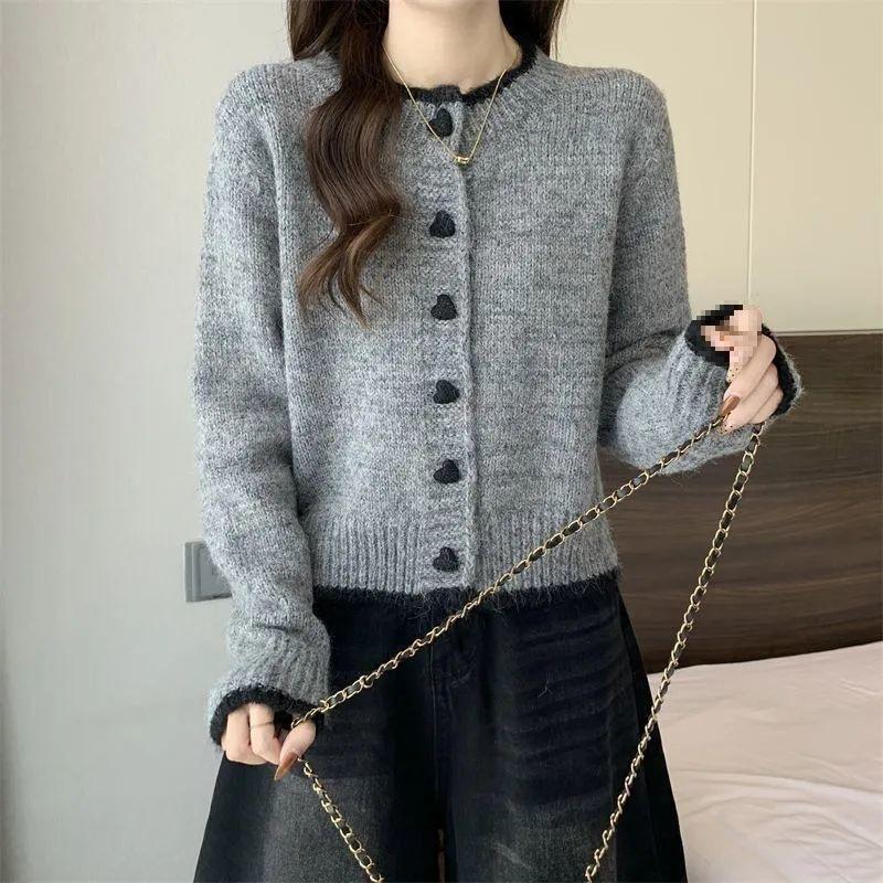 Short sweater jacket women's spring and autumn knitted cardigan button design color matching apricot top new love