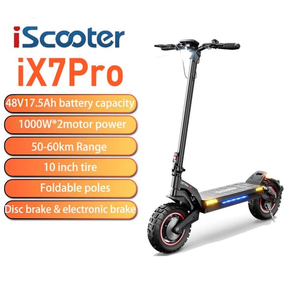 iScooter Scooter Elétrico IX7 Pro 1000*2W Motor Duplo, Velocidade Máxima 60km/h, Autonomia 80km, Pneus Off-Road 10", Controle por APP