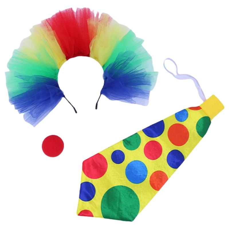 

3Pieces Adult Kids Clown Costume Clown Nose Colorful Wig Jumbos Necktie for Cosplay Halloween Party Stage Performances 1