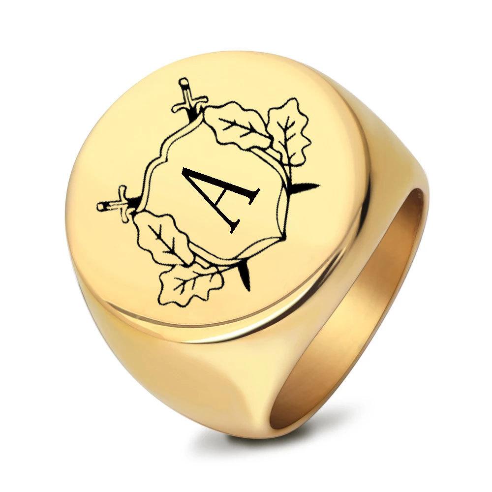 22MM Circular Retro Laser Double Sword Leaf Letter Titanium Steel Ring Stainless Steel Fashion Jewelry