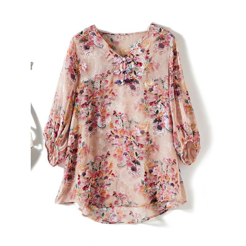 Large and Medium National Style Travel Shirt! Goddess Digital Print Organza Plate Buckle V-neck 3/4 Sleeves Loose Swing T-shirt Loose