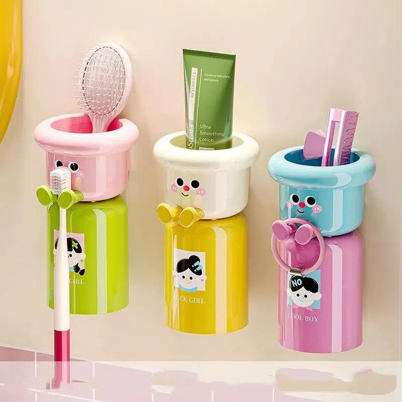Cartoon Magnetic Toothbrush Holder Punch-Free Upside Down Wall Mounted Bathroom Storage Rack Gargle Cup Organizer