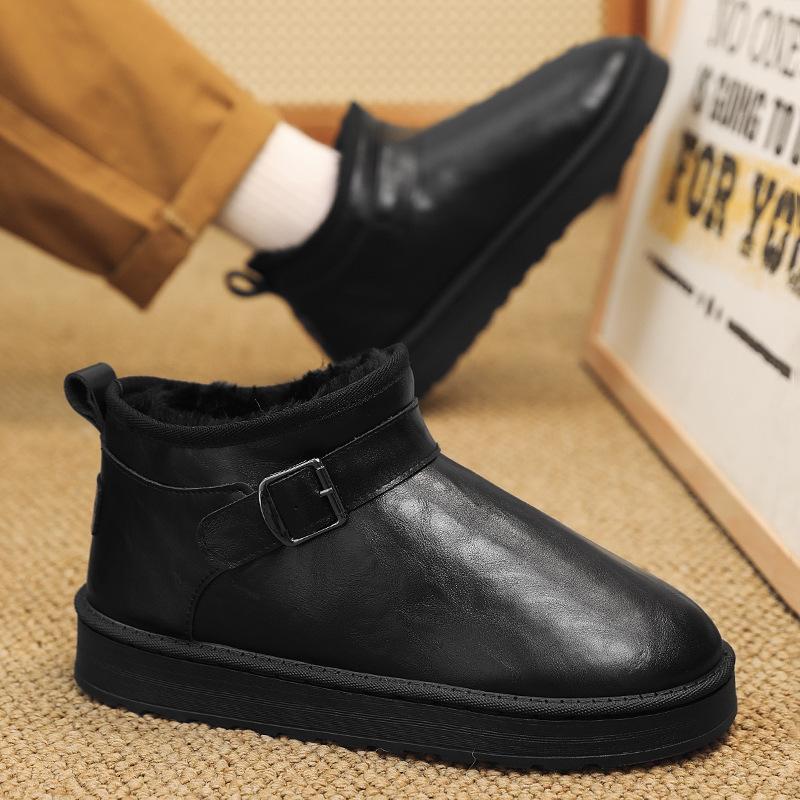 Mens soft elastic leather waterproof winter warm cold padded snow boots thick bottom non-slip wear outdoor leisure sports running cotton boots