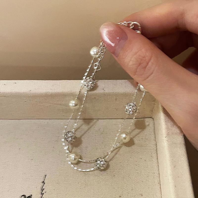 Sparkling Rhinestone Ball Pearl Bracelet for Women Minimalist Beads Double-Layer Tassel Bracelet Exquisite Jewelry Party Gifts