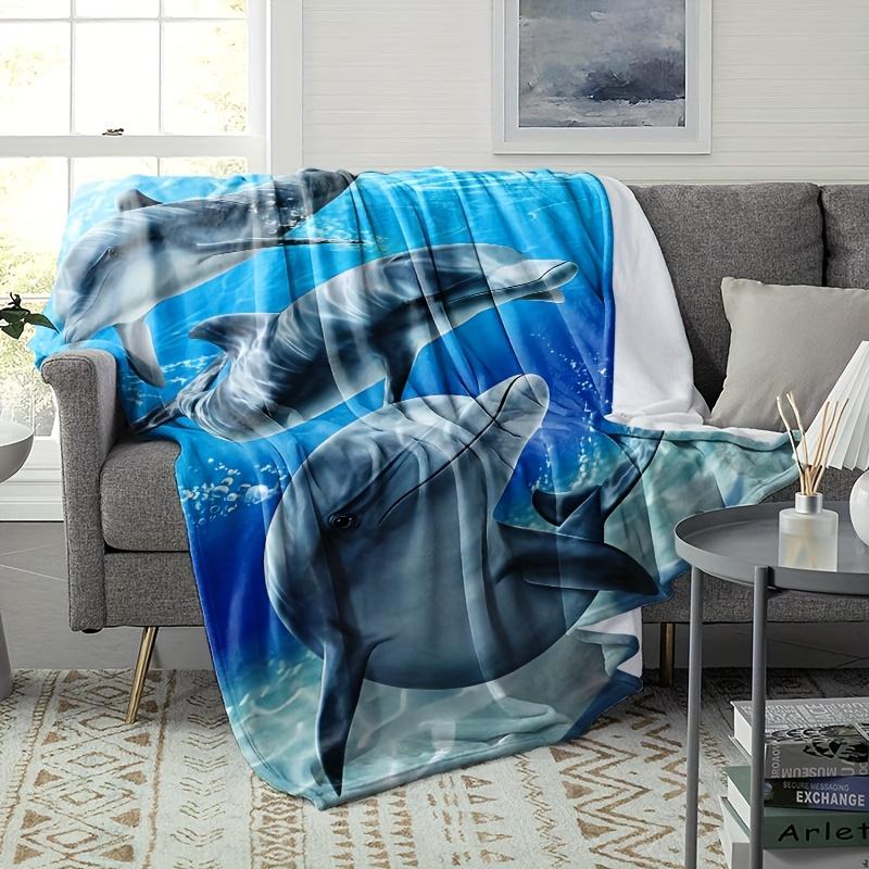 Dolphin Print Flannel Blanket Soft Polyester for Camping Travel Ocean Home Decor & Gifts