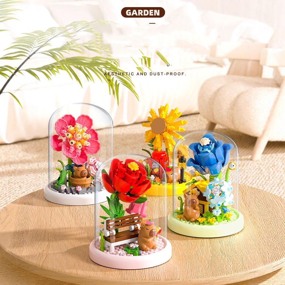 Idea Mini Block Potted Plants Capybara Garden Building Bricks Immortal Flower Rose Sunflower Gardenia Tulip Model Toys For Gifts