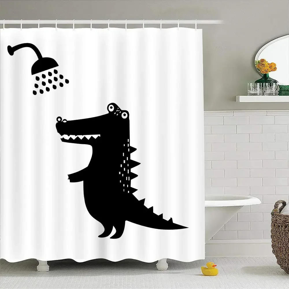 Cartoon Style Animal Shower Curtain Funny Crocodile Kids Shower Curtain Waterproof Fabric Bathroom Decor Screen with Hooks