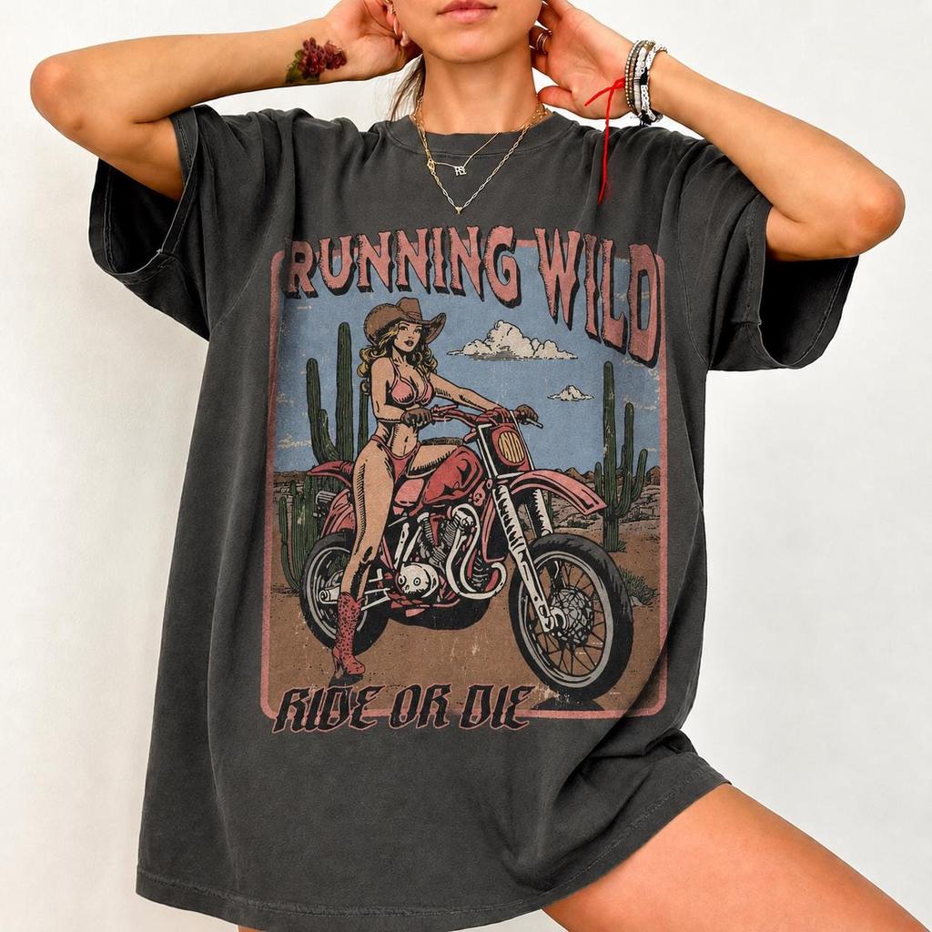 Running Wild Ride Or Die T-Shirt, Vintage Cowgirl Biker Tee, Western Motorcycle Graphic Tee, Desert Women Rider Gift Shirt