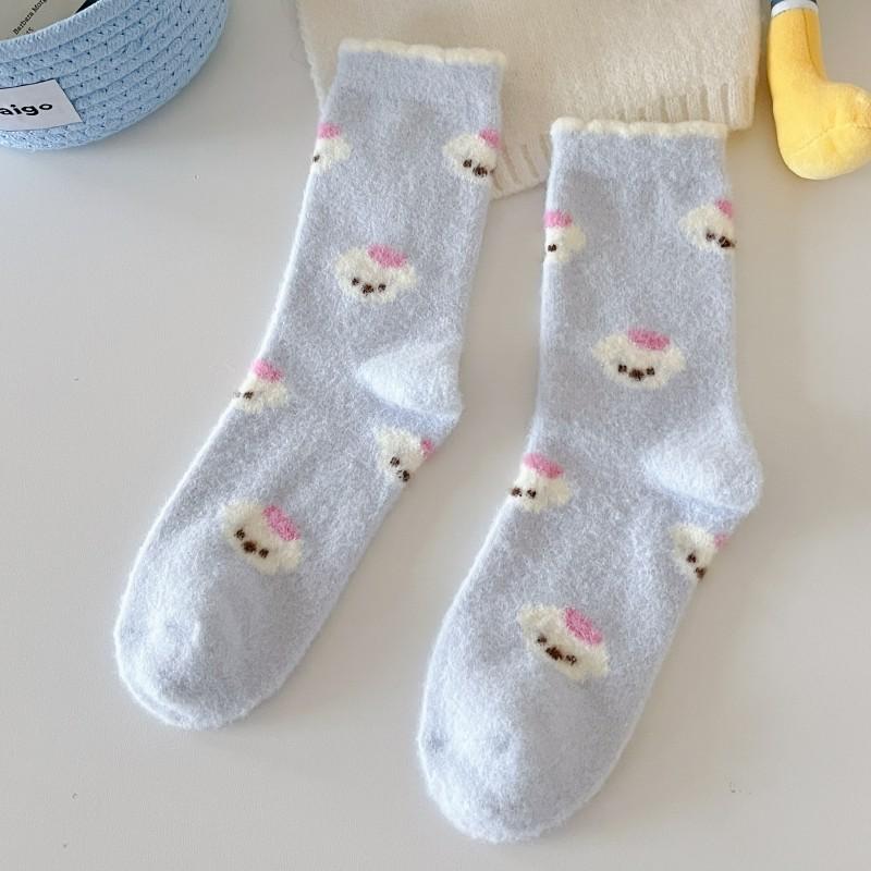 Plush Socks Thickened Warm Tube Socks Blue Home Sleeping Socks Cute Puppy Cartoon Confinement Socks
