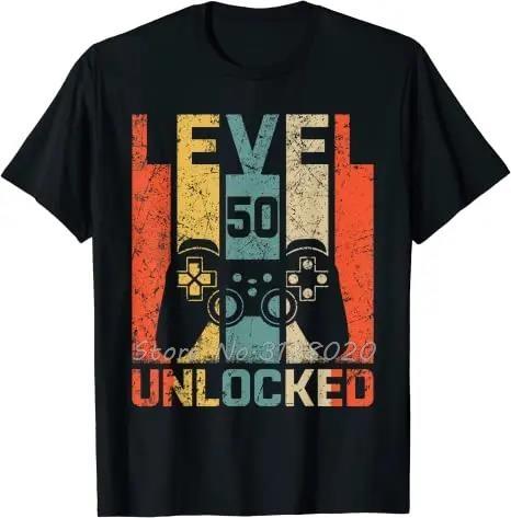 Vintage 50th Birthday Game Level 50 Unlocked 50 Years Old Gamer TShirt Video Games Retro Fiftieth Bday Tshirt Men T Shirt Tops