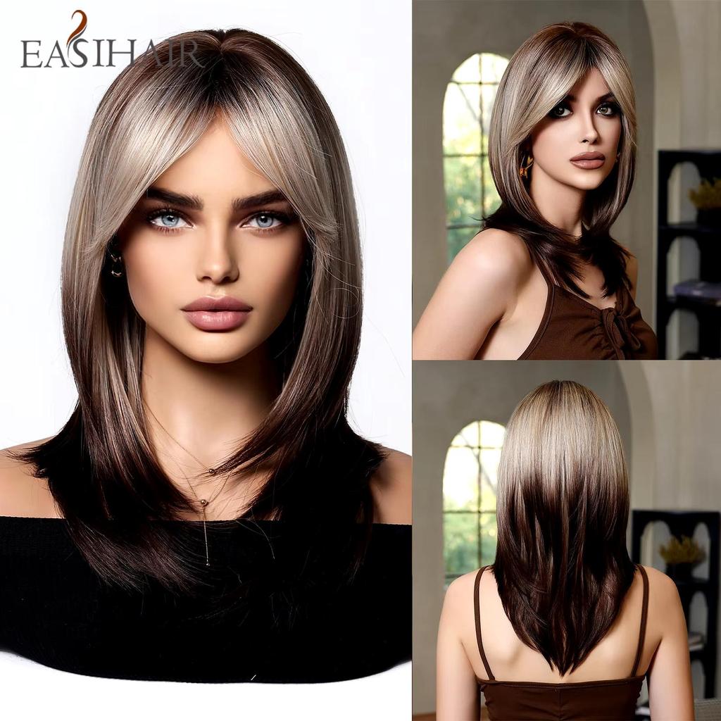 Platinum Ombre Synthetic Wigs for Women Long Wavy Silky Natural Hair Wig with Bangs Cosplay Party Heat Resistant Fake Hairs