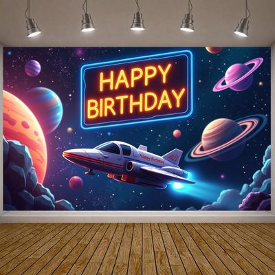 Arrière-plan d'anniversaire Planètes Affichage d'anniversaire Néon Espace Bannière d'anniversaire Astronaute Thème Espace Pour Fond de Photo Événement Extérieur