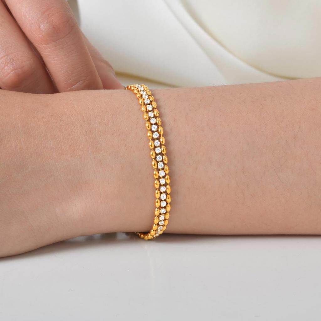 Stainless Steel Double Row Olive Bead White Zircon Bracelet for Women,Gold Color Tennis Chain Bracelets,Classic Jewelry Gifts