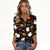 Women's Halloween Printed V Neck Button Front Three Quarter Sleeve Casual Top Lightweight Soft Fabric Comfortable Fit
