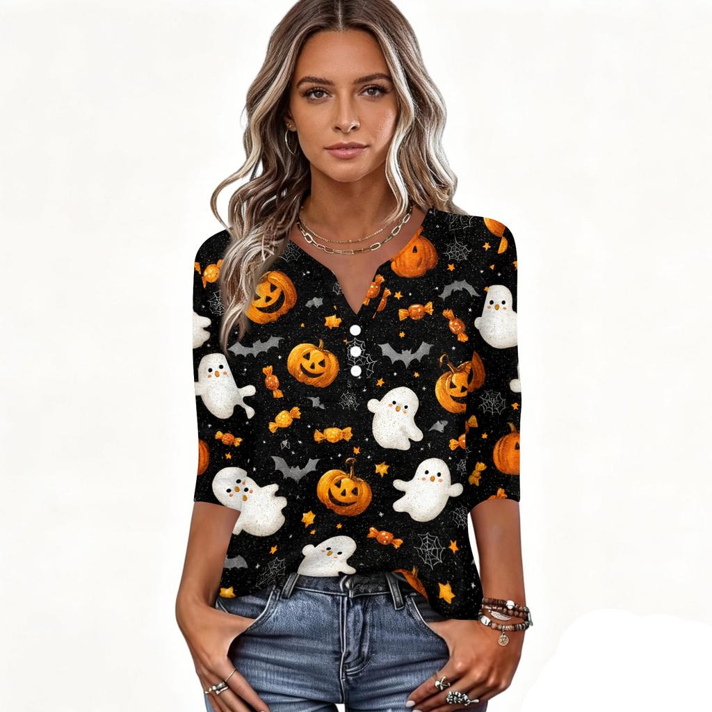 Women's Halloween Printed V Neck Button Front Three Quarter Sleeve Casual Top Lightweight Soft Fabric Comfortable Fit