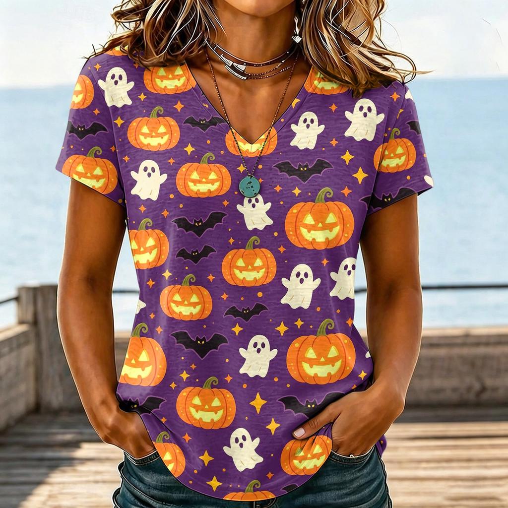 Women's Casual V-Neck Halloween Printed T-Shirt for Party Costume
