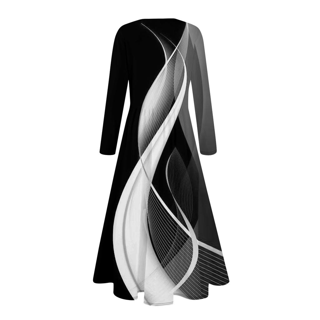 Women's Casual Fashion Long Sleeve Stripe Printed Vintage Long Dresses Fall