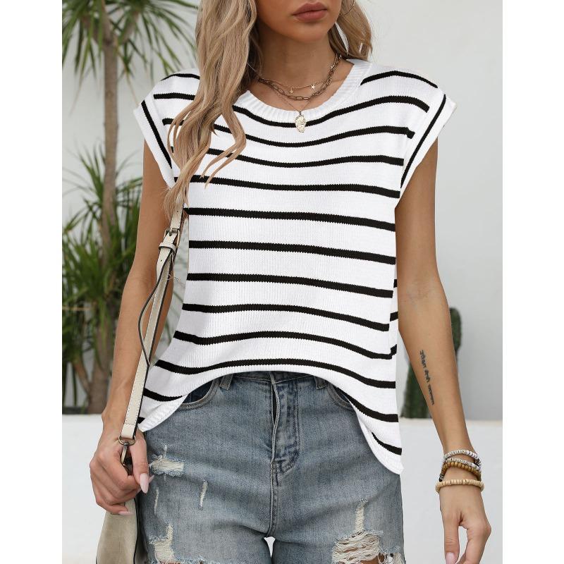 Podzim/zima Dámský pulovr s kulatým výstřihem Pletený Volný Pruhovaný Svetr s krátkým rukávem