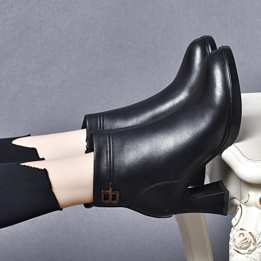 Leather boots women's new pointed waterproof table thick heel high heel fashion boots top layer cowhide cotton boots