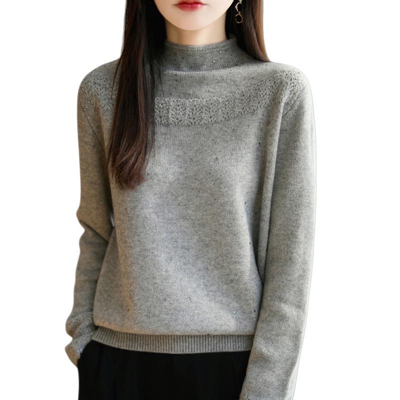 Women's Elegant Rhinestone Jacquard Knit Sweater - Half High Neck, Warm and Stylish.