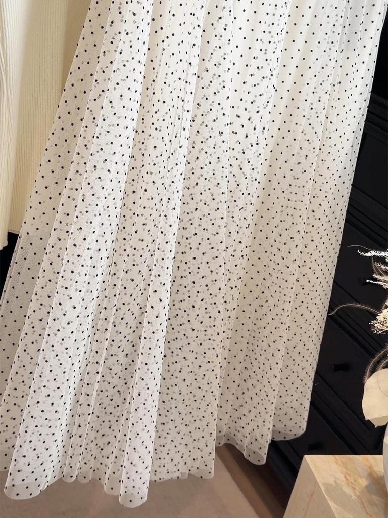 Korean Polka Dot High-Waisted Mesh Midi Skirt, Spring/Summer 2026, Elegant A-Line with Drapey Wide Hem.