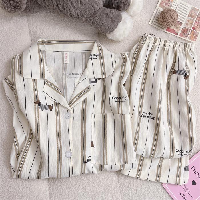 Cartoon Letter Cat Print Women's Pajamas Set New Spring Soft Casual Pajamas Set for Women Korean Cute Home Wear